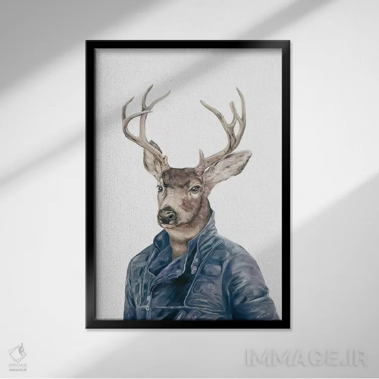 تابلو گوزن به رنگ سرمهای اثر انیمال کرو (گروه هنری/نام هنری) - نمای قابدار مشکی