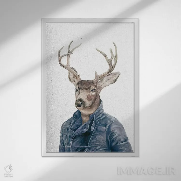 تابلو گوزن به رنگ سرمهای اثر انیمال کرو (گروه هنری/نام هنری) - نمای قابدار سفید