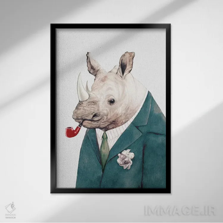 تابلو کرگدن با کت سبز اثر انیمال کرو (گروه هنری/نام هنری) - نمای قابدار مشکی