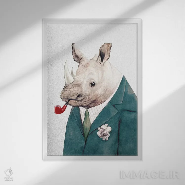 تابلو کرگدن با کت سبز اثر انیمال کرو (گروه هنری/نام هنری) - نمای قابدار سفید