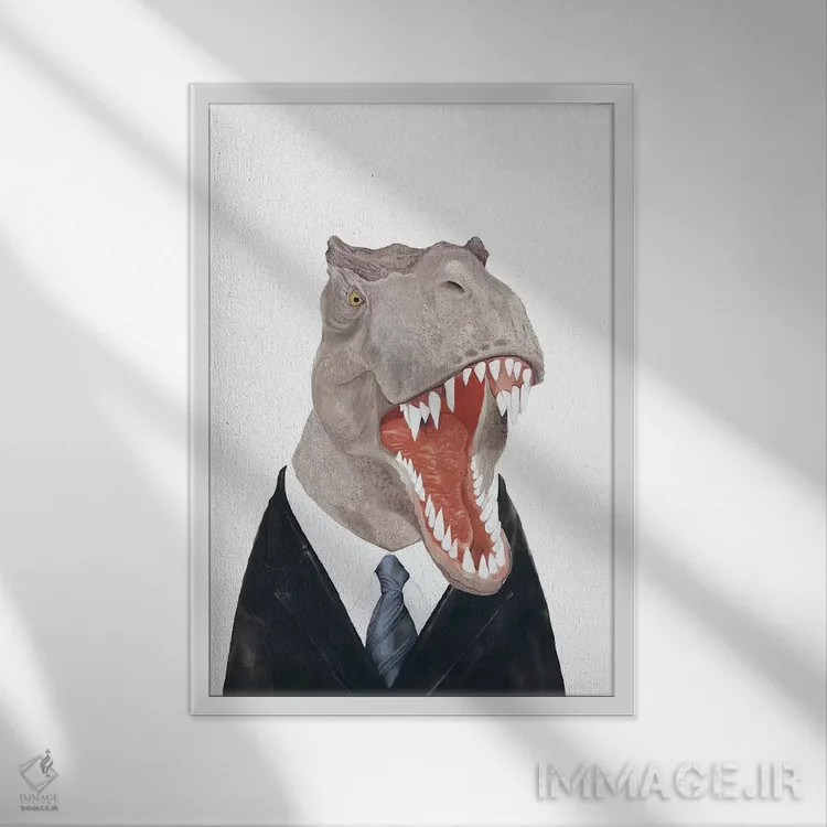 تابلو تیرانوساروس رکس (دایناسور غولپیکر) اثر انیمال کرو (گروه هنری/نام هنری) - نمای قابدار سفید