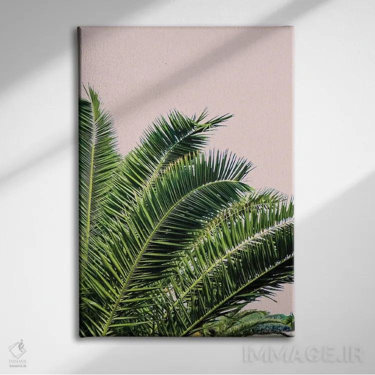 تابلو برگهای استوایی روی پسزمینه صورتی I اثر آکوستا - نمای روبهرو روی دیوار