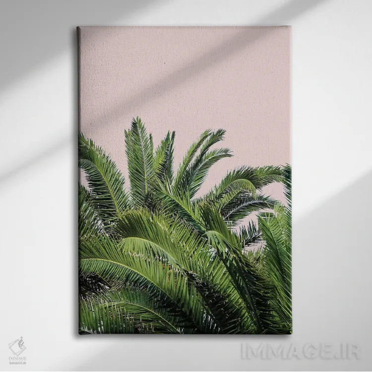 تابلو برگهای استوایی روی پسزمینه صورتی II اثر آکوستا - نمای روبهرو روی دیوار