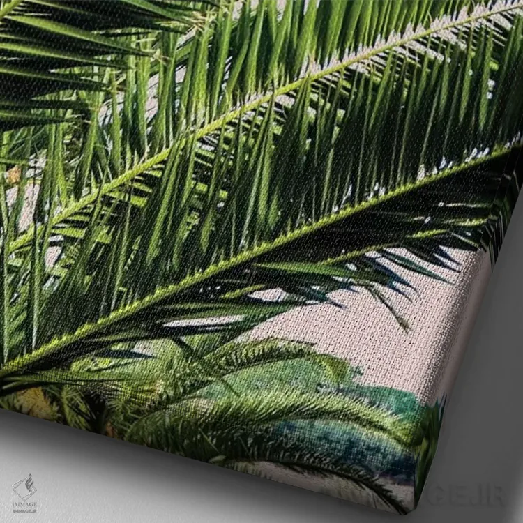 تابلو برگهای استوایی روی پسزمینه صورتی I اثر آکوستا - نمای نزدیک بافت بوم