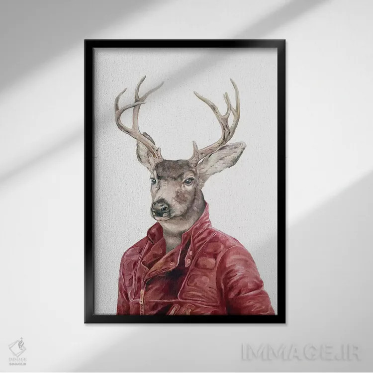 تابلو گوزن با لباس چرمی اثر انیمال کرو (گروه هنری/نام هنری) - نمای قابدار مشکی