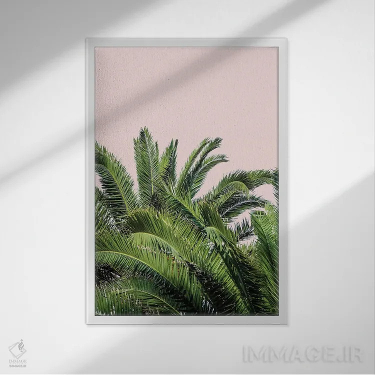 تابلو برگهای استوایی روی پسزمینه صورتی II اثر آکوستا - نمای قابدار سفید