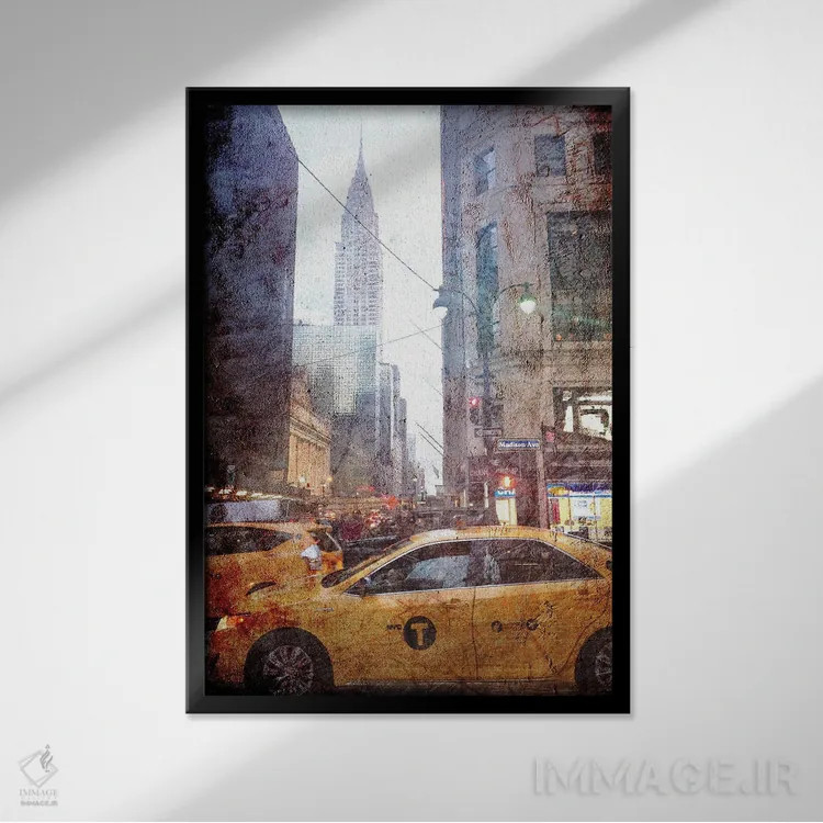 تابلو خیابان مدیسون بارانی اثر آکوستا - نمای قابدار مشکی