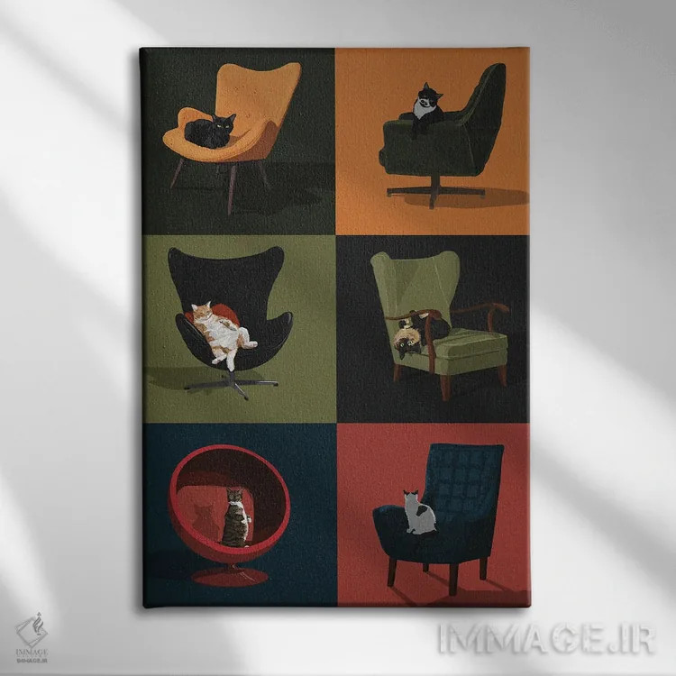 تابلو گربهها روی صندلیها اثر آرت کت ایلاستریتد - نمای روبهرو روی دیوار