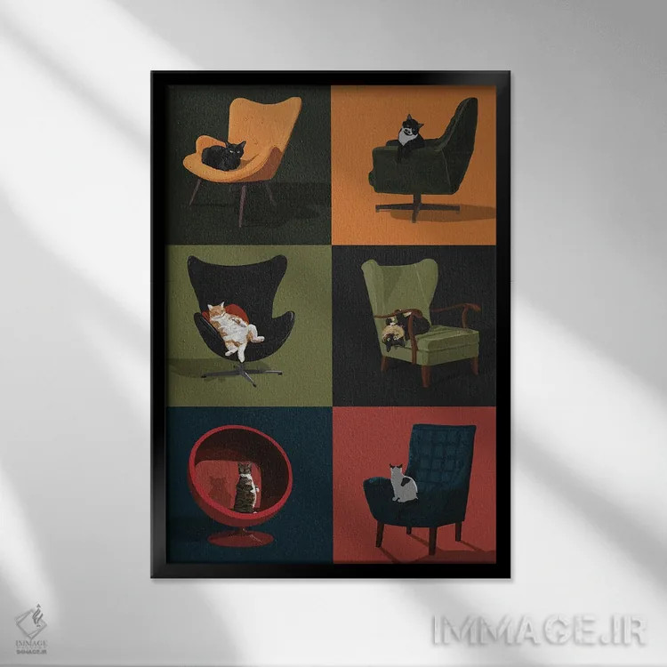 تابلو گربهها روی صندلیها اثر آرت کت ایلاستریتد - نمای قابدار مشکی