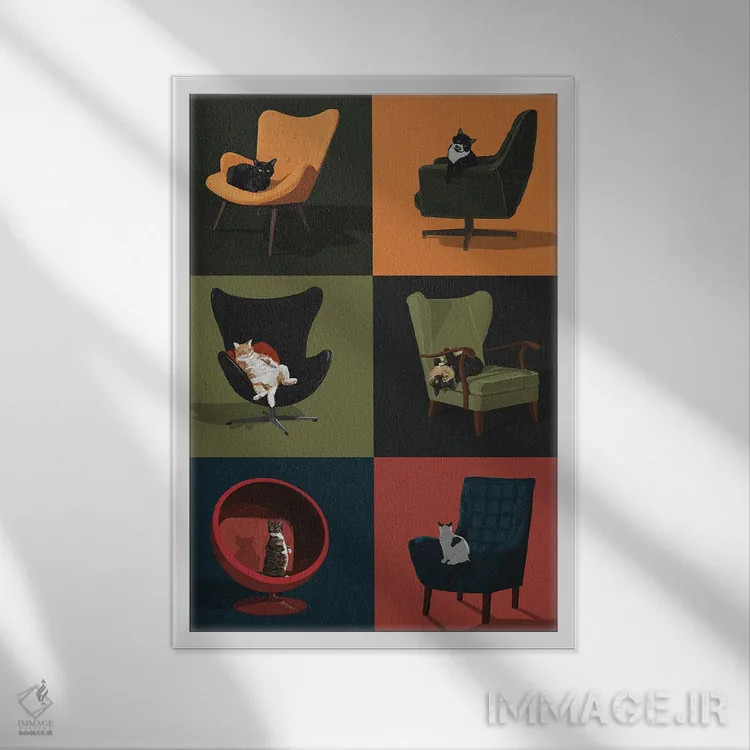 تابلو گربهها روی صندلیها اثر آرت کت ایلاستریتد - نمای قابدار سفید