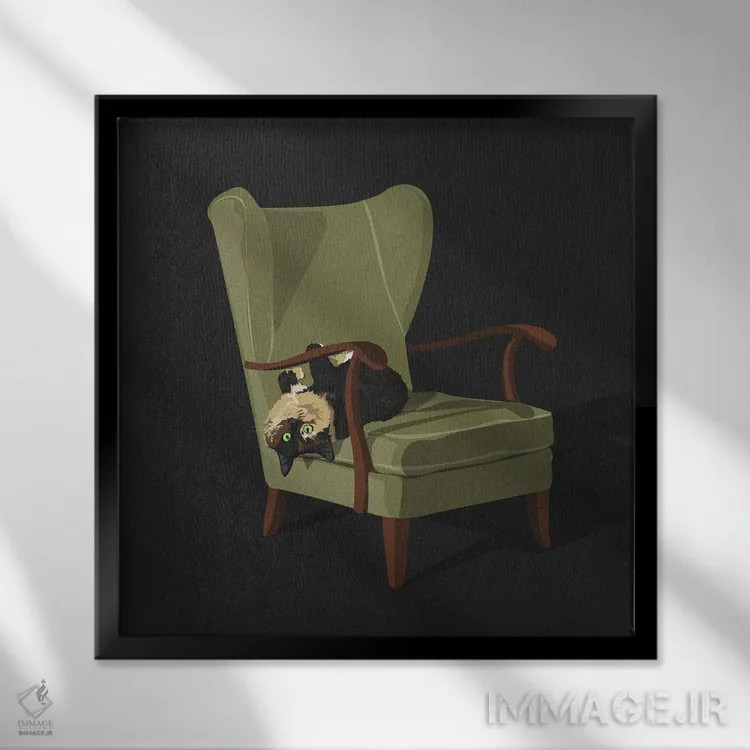 تابلو گربهها روی صندلیها V اثر آرت کت ایلاستریتد - نمای قابدار مشکی