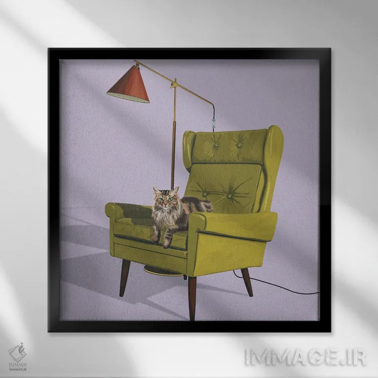 تابلو گربهها روی صندلیهای شیک II اثر آرت کت ایلاستریتد - نمای قابدار مشکی