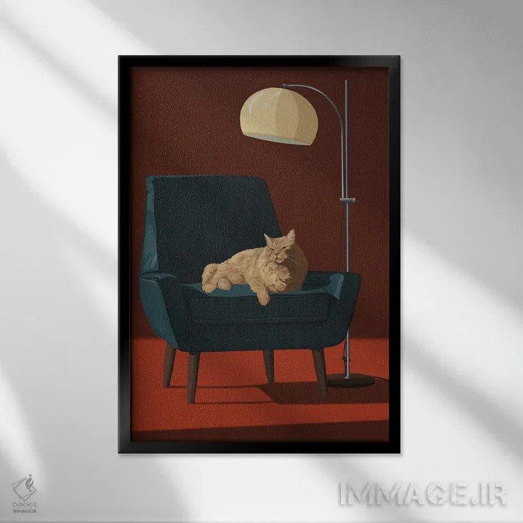 تابلو گربهها روی صندلیهای شیک III اثر آرت کت ایلاستریتد - نمای قابدار مشکی