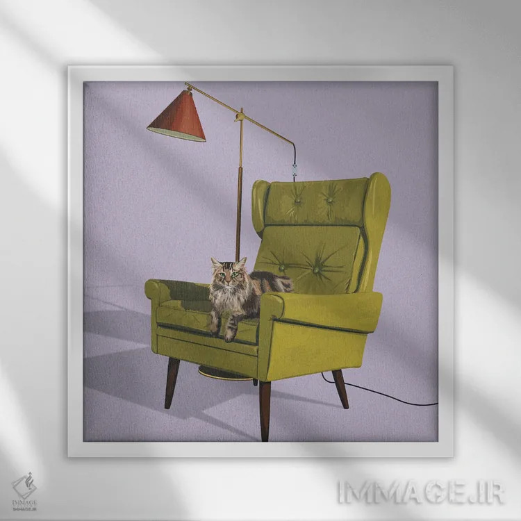 تابلو گربهها روی صندلیهای شیک II اثر آرت کت ایلاستریتد - نمای قابدار سفید
