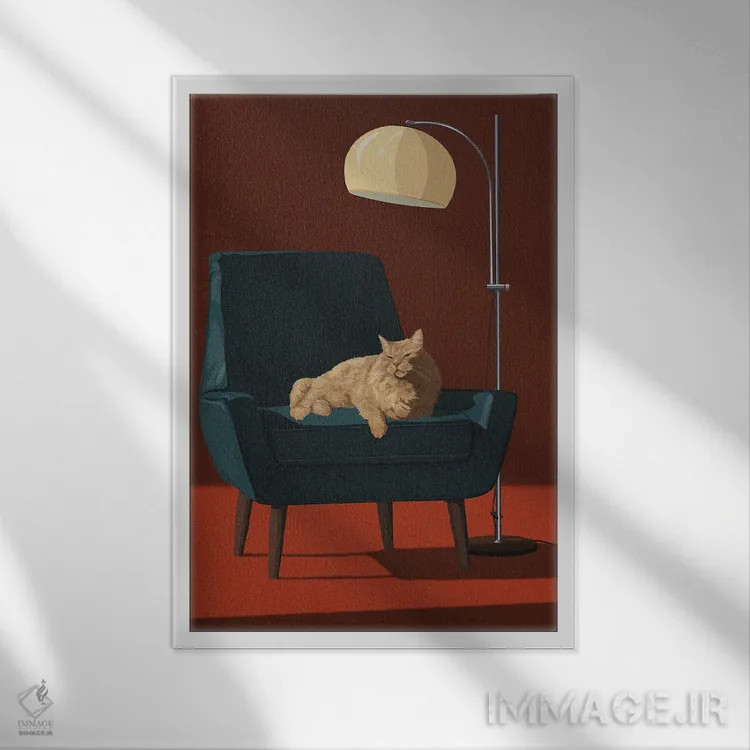 تابلو گربهها روی صندلیهای شیک III اثر آرت کت ایلاستریتد - نمای قابدار سفید