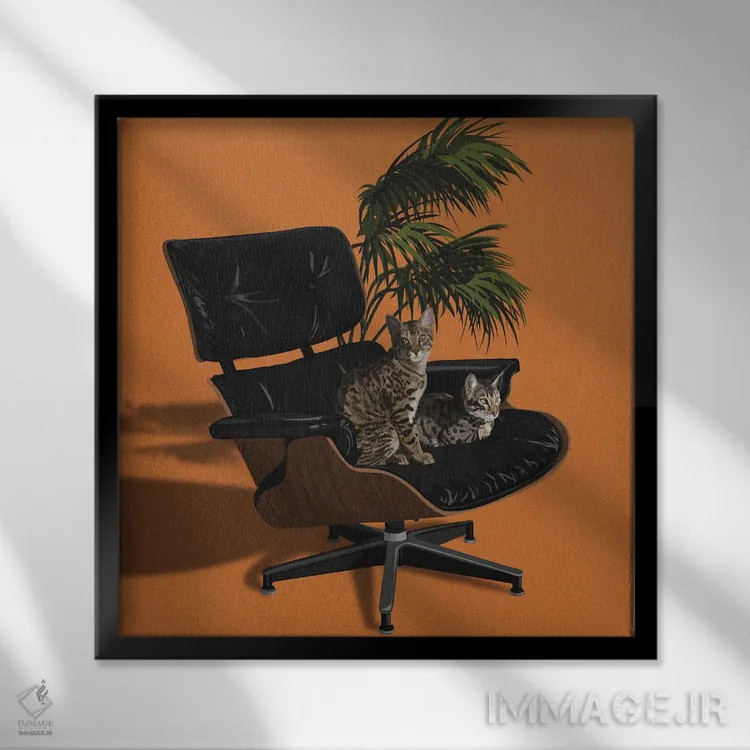 تابلو گربهها روی صندلیهای شیک IV اثر آرت کت ایلاستریتد - نمای قابدار مشکی