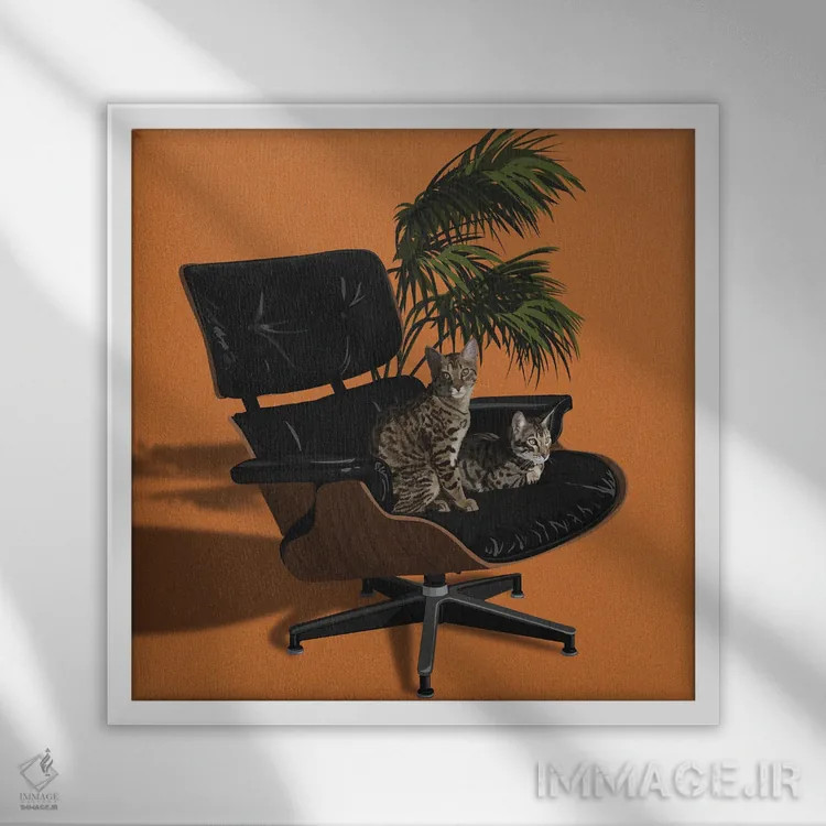 تابلو گربهها روی صندلیهای شیک IV اثر آرت کت ایلاستریتد - نمای قابدار سفید