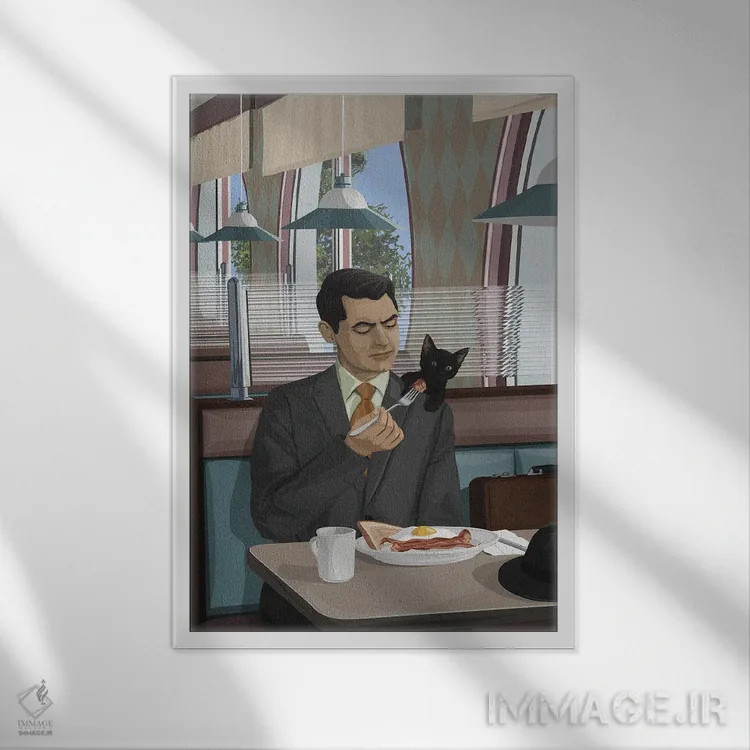 تابلو مردی با یک گربه اثر آرت کت ایلاستریتد - نمای قابدار سفید