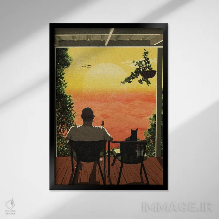 تابلو خورشید غروبکننده (یا کسی که از غروب لذت میبرد) اثر آرت کت ایلاستریتد - نمای قابدار مشکی