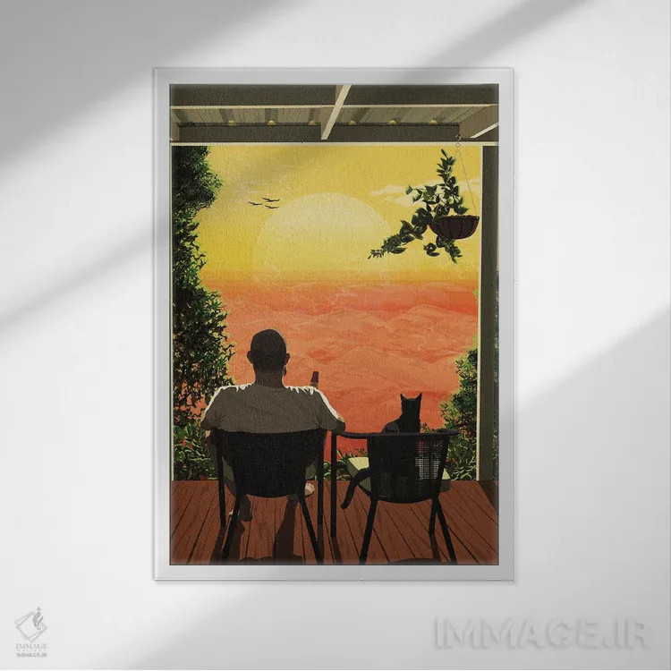 تابلو خورشید غروبکننده (یا کسی که از غروب لذت میبرد) اثر آرت کت ایلاستریتد - نمای قابدار سفید