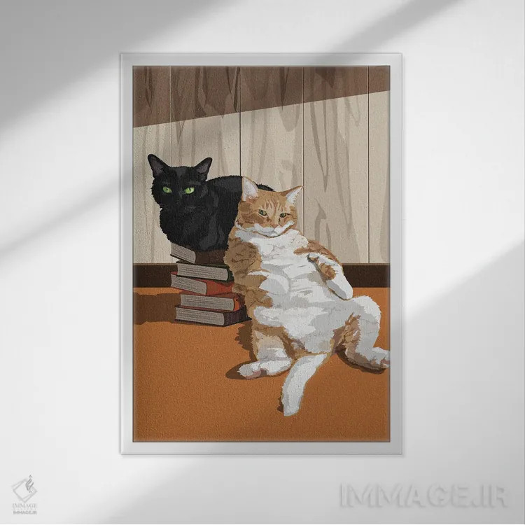 تابلو دو گربه اثر آرت کت ایلاستریتد - نمای قابدار سفید