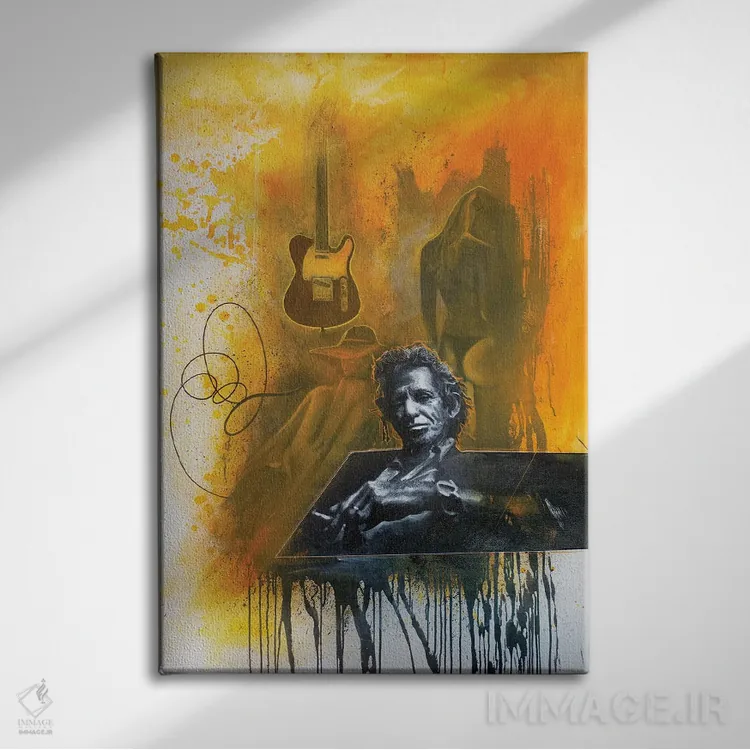 تابلو کیت ریچاردز از رولینگ استونز، گیتار و خانمهایش اثر مایکل اندرو لاو چوک یوئی - نمای روبهرو روی دیوار