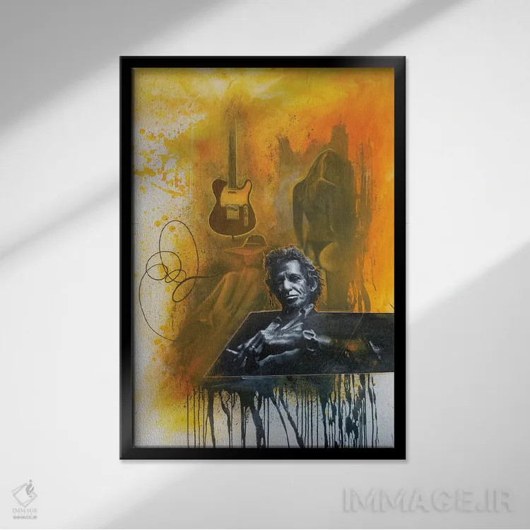 تابلو کیت ریچاردز از رولینگ استونز، گیتار و خانمهایش اثر مایکل اندرو لاو چوک یوئی - نمای قابدار مشکی