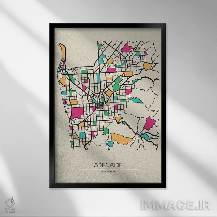 تابلو نقشه آدلاید، استرالیا اثر آیشه دنیز آکِرمان - نمای قابدار مشکی