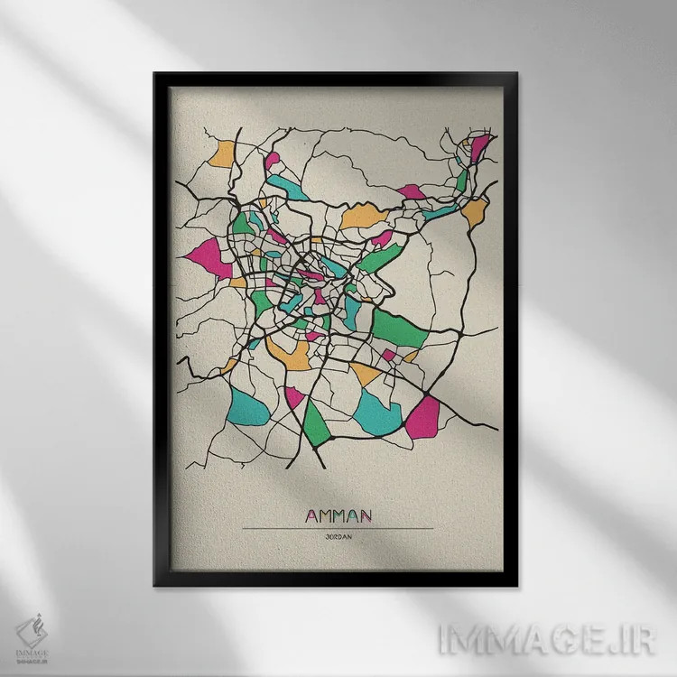 تابلو نقشه امان، اردن اثر آیشه دنیز آکِرمان - نمای قابدار مشکی