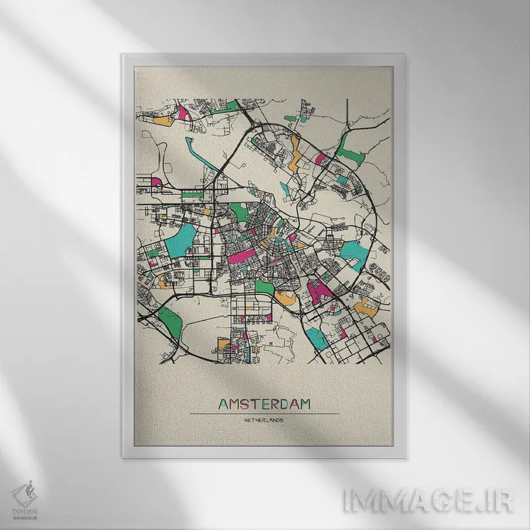 تابلو نقشه آمستردام، هلند اثر آیشه دنیز آکِرمان - نمای قابدار سفید