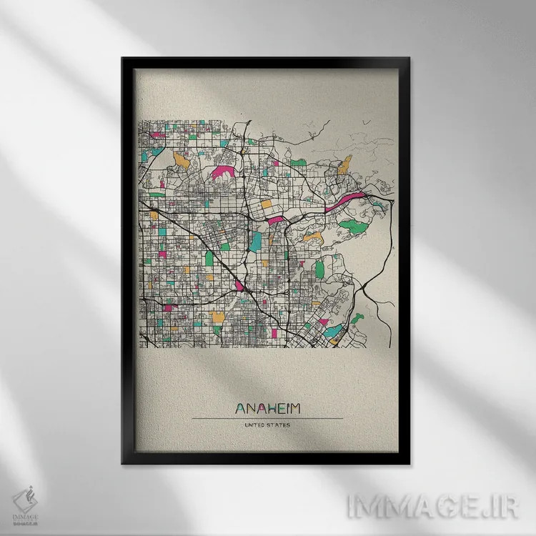 تابلو نقشه آناهیم، کالیفرنیا اثر آیشه دنیز آکِرمان - نمای قابدار مشکی