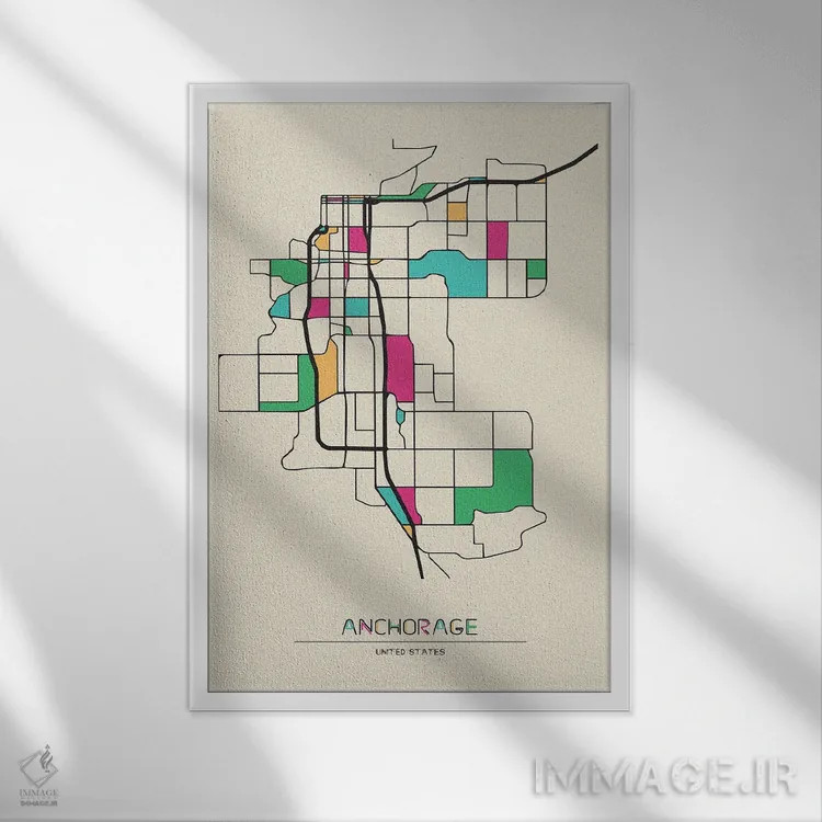 تابلو نقشه انکوریج، آلاسکا اثر آیشه دنیز آکِرمان - نمای قابدار سفید
