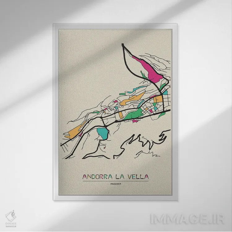 تابلو نقشه آندورا لا ولا، آندورا اثر آیشه دنیز آکِرمان - نمای قابدار سفید