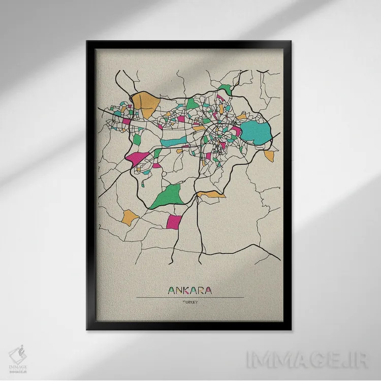 تابلو نقشه آنکارا، ترکیه اثر آیشه دنیز آکِرمان - نمای قابدار مشکی