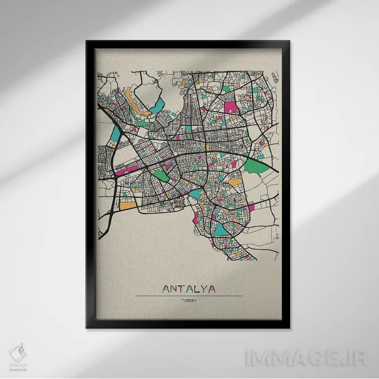 تابلو نقشه آنتالیا، ترکیه اثر آیشه دنیز آکِرمان - نمای قابدار مشکی