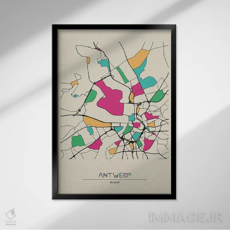 تابلو نقشه آنتورپ، بلژیک اثر آیشه دنیز آکِرمان - نمای قابدار مشکی