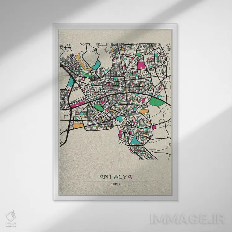 تابلو نقشه آنتالیا، ترکیه اثر آیشه دنیز آکِرمان - نمای قابدار سفید