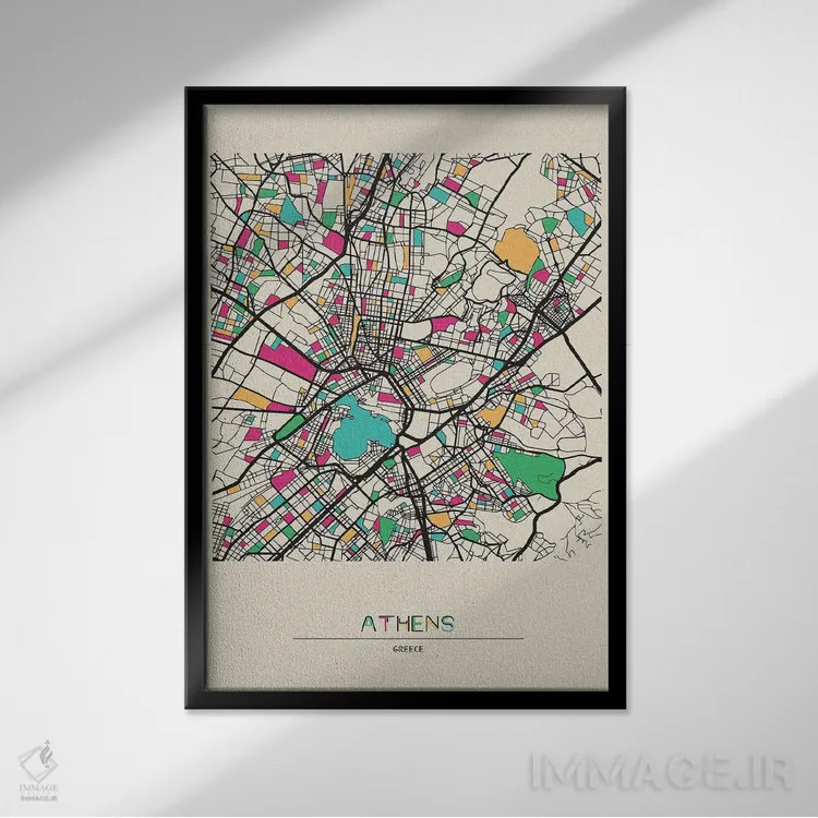 تابلو نقشه آتن، یونان اثر آیشه دنیز آکِرمان - نمای قابدار مشکی