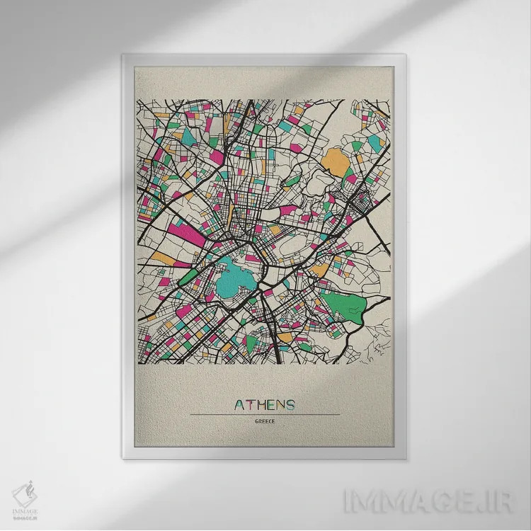 تابلو نقشه آتن، یونان اثر آیشه دنیز آکِرمان - نمای قابدار سفید