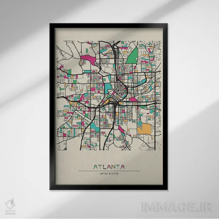 تابلو نقشه آتلانتا، جورجیا اثر آیشه دنیز آکِرمان - نمای قابدار مشکی