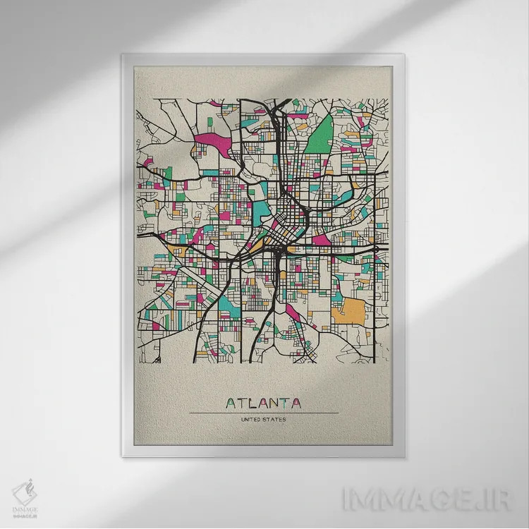 تابلو نقشه آتلانتا، جورجیا اثر آیشه دنیز آکِرمان - نمای قابدار سفید