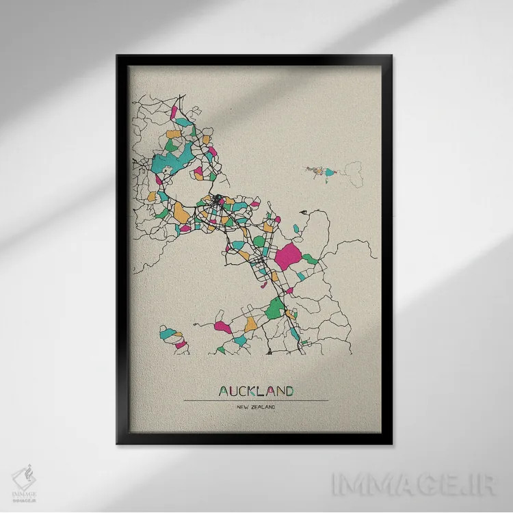 تابلو نقشه آوکلند، نیوزیلند اثر آیشه دنیز آکِرمان - نمای قابدار مشکی
