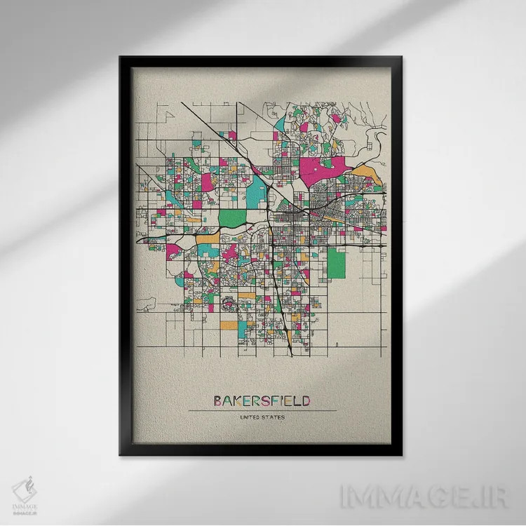 تابلو نقشه بیکرزفیلد، کالیفرنیا اثر آیشه دنیز آکِرمان - نمای قابدار مشکی