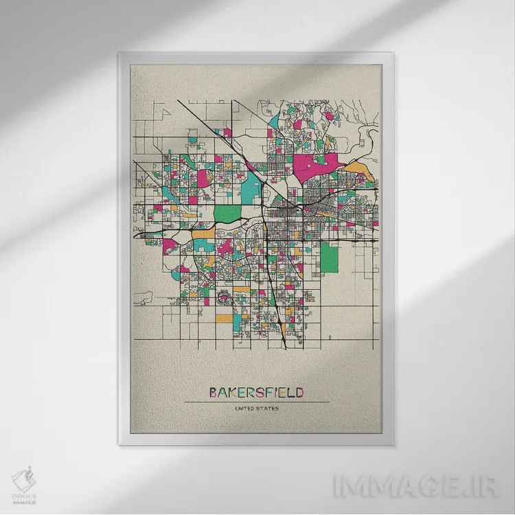 تابلو نقشه بیکرزفیلد، کالیفرنیا اثر آیشه دنیز آکِرمان - نمای قابدار سفید