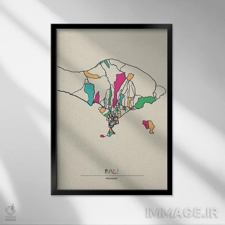 تابلو نقشه بالی، اندونزی اثر آیشه دنیز آکِرمان - نمای قابدار مشکی