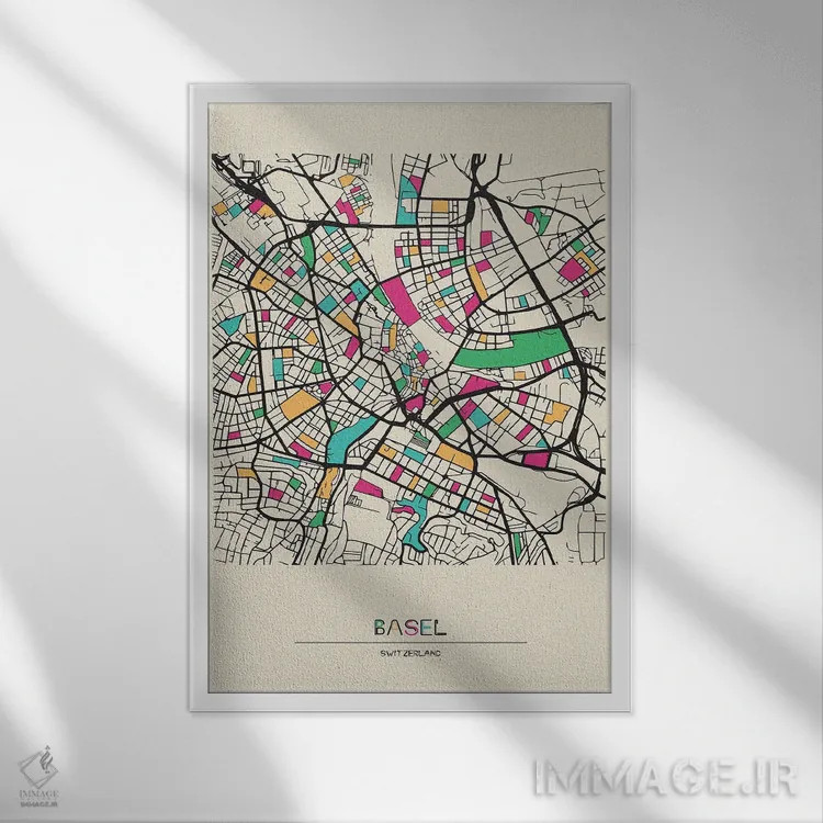 تابلو نقشه بازل، سوئیس اثر آیشه دنیز آکِرمان - نمای قابدار سفید