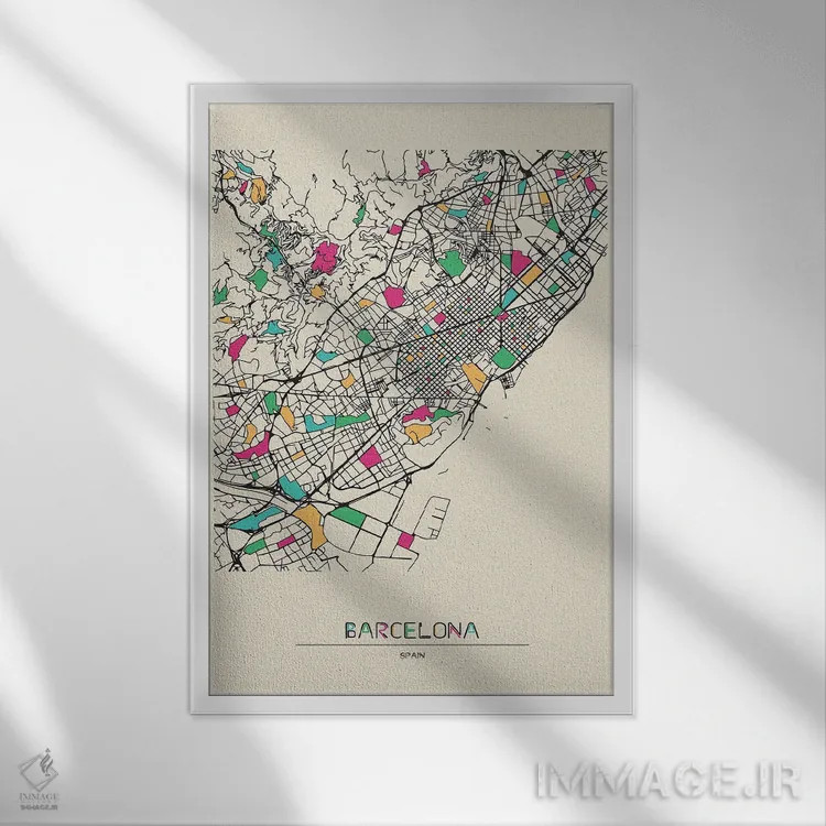 تابلو نقشه بارسلون، اسپانیا اثر آیشه دنیز آکِرمان - نمای قابدار سفید
