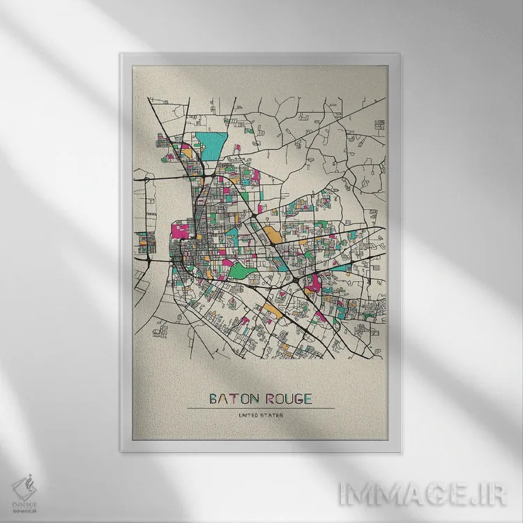 تابلو نقشه باتون روژ، لوئیزیانا اثر آیشه دنیز آکِرمان - نمای قابدار سفید