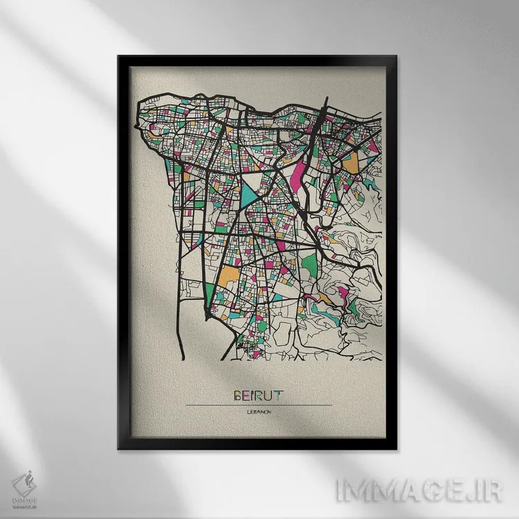 تابلو نقشه بیروت، لبنان اثر آیشه دنیز آکِرمان - نمای قابدار مشکی
