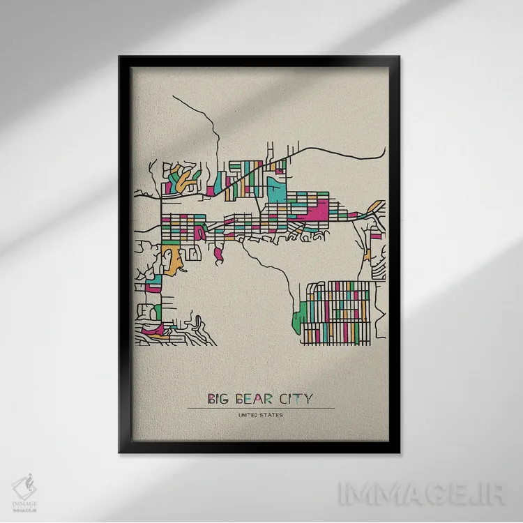 تابلو نقشه شهر بیگ بر، کالیفرنیا اثر آیشه دنیز آکِرمان - نمای قابدار مشکی
